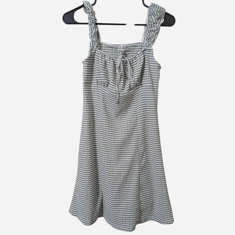 Madden Girl Green White Plaid Mini Dress Cottagecore Coquette Ruched Bust